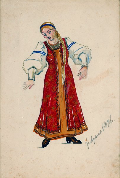 Custume design for Puskin play (Girl) 1946 gouache 32x22